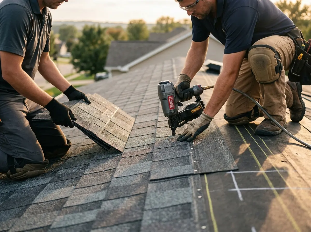 Professional roofer working on a residential roof in Manassas